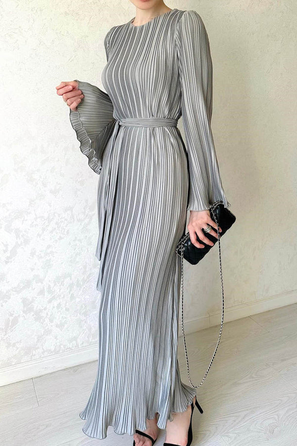 Street Solid Patchwork Pleated O Neck Long Dresses