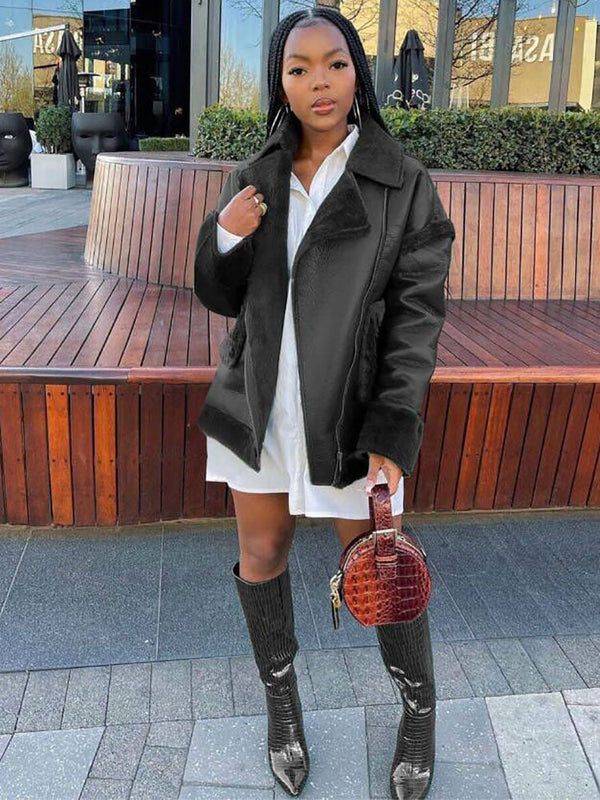 Fur Collar Solid Leather Jacket
