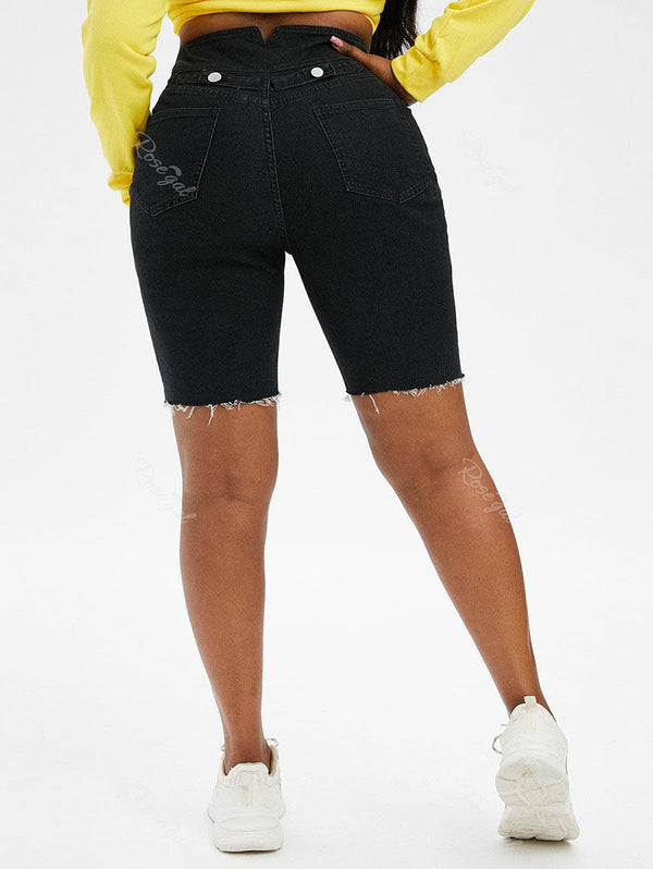 Plus Size & Curve Frayed Double Breasted Denim Biker Shorts