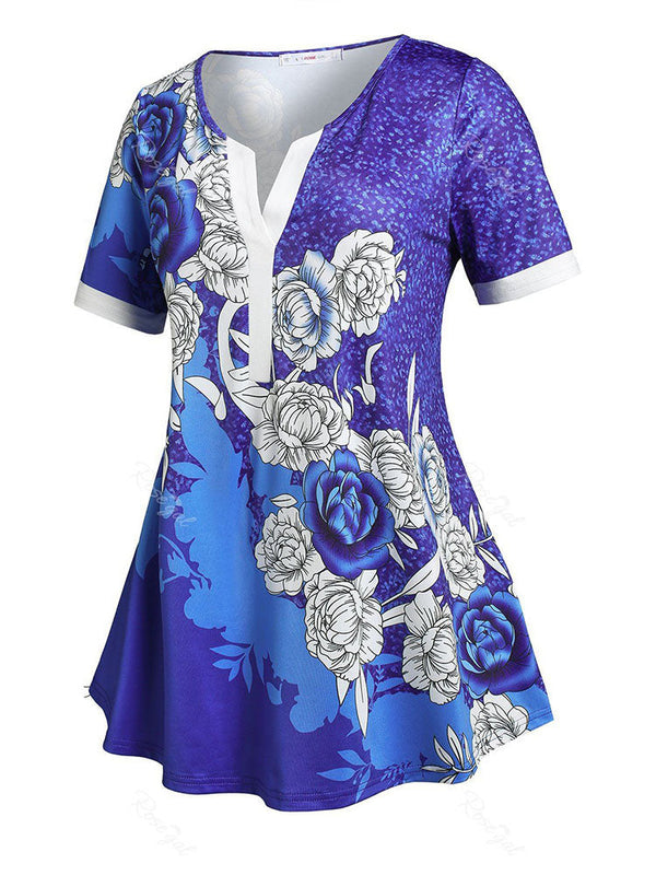 Plus Size Flower Printed Notched T Shirt