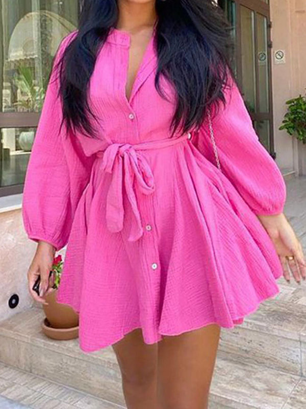 Solid Color Long Sleeve Pleated Mini Dress