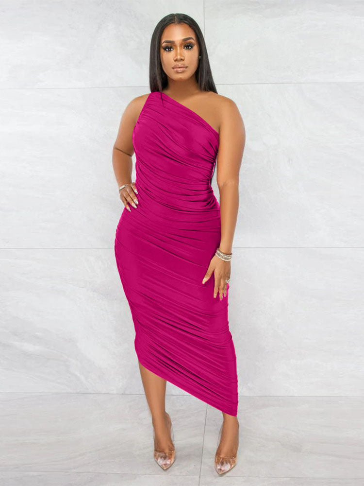 One Shoulder Sleeveless Backless Ruched Maxi Dresses
