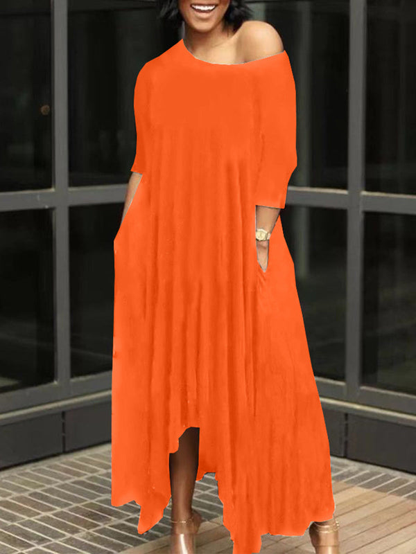 Half Sleeve Solid Asymmetrical Maxi Dresses