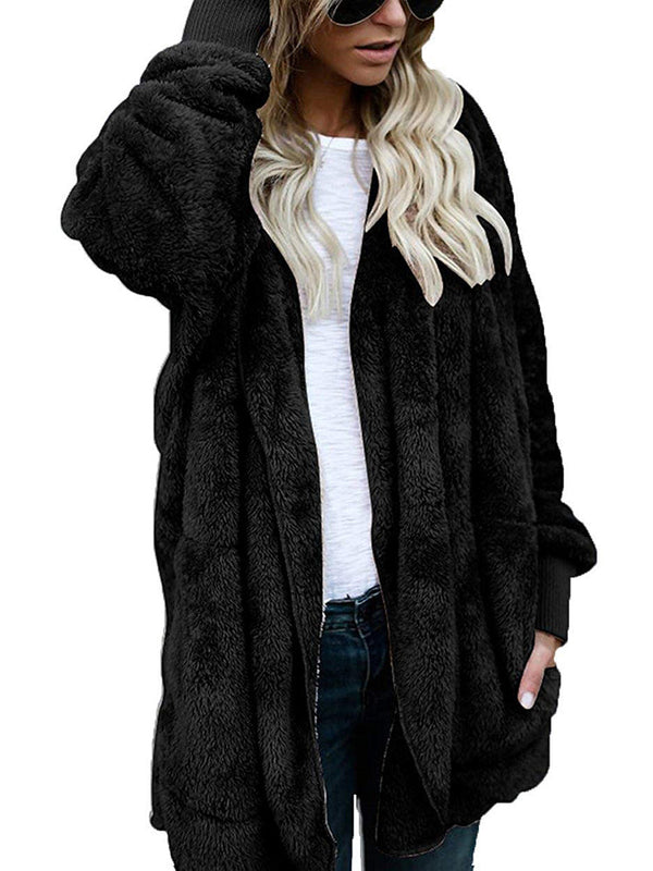 Hooded Cardigan Fluffy Fleece Coat Open Front Jacket