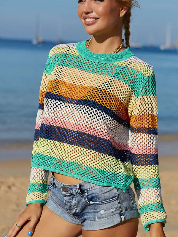 Long Sleeve Color Block Hollow Out Tops
