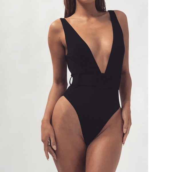 Luminescent Waves Belted Plunge Neon One Piece Swimsuit