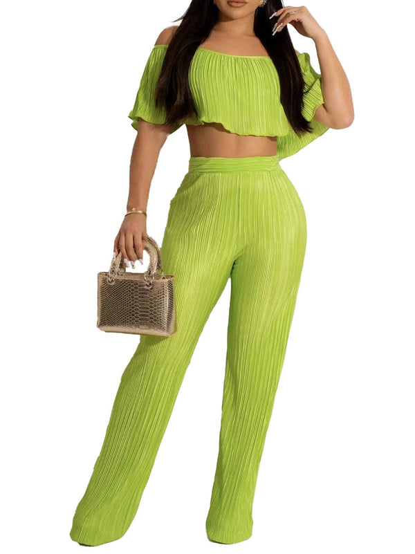 Two Piece Pleated Crop Tops & Pants