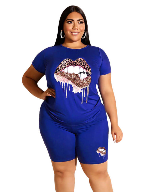 Plus Size Two Piece Short Sleeve Tops+Shorts Sets