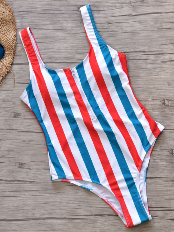 Navy Dreams New Red White Blue Striped Swimwear One Piece Zip Up Swimsuit Zipper Swimsuit