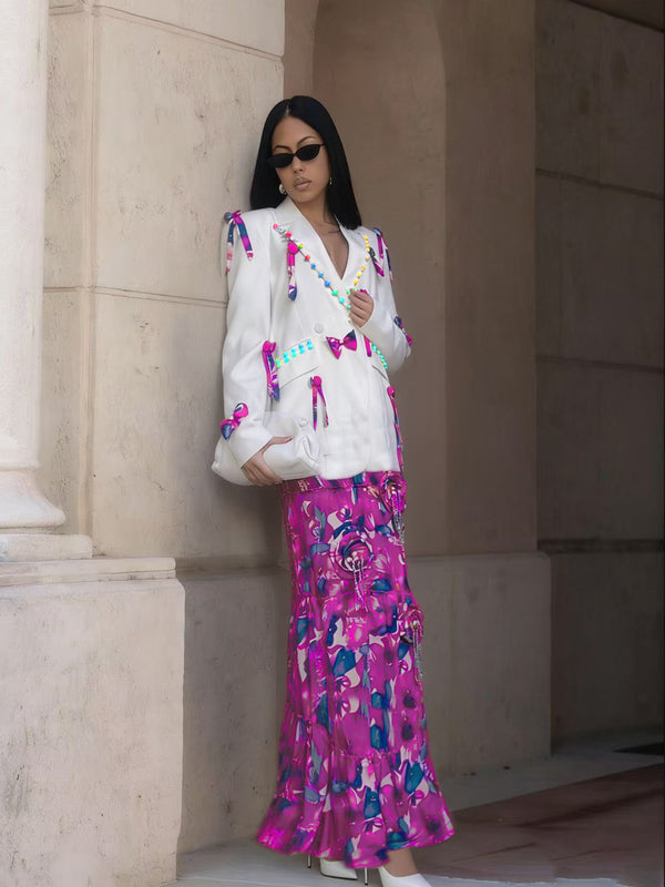 Side Lace Patchwork Long-Sleeve Blazer Jacket for Autumn Career Wear