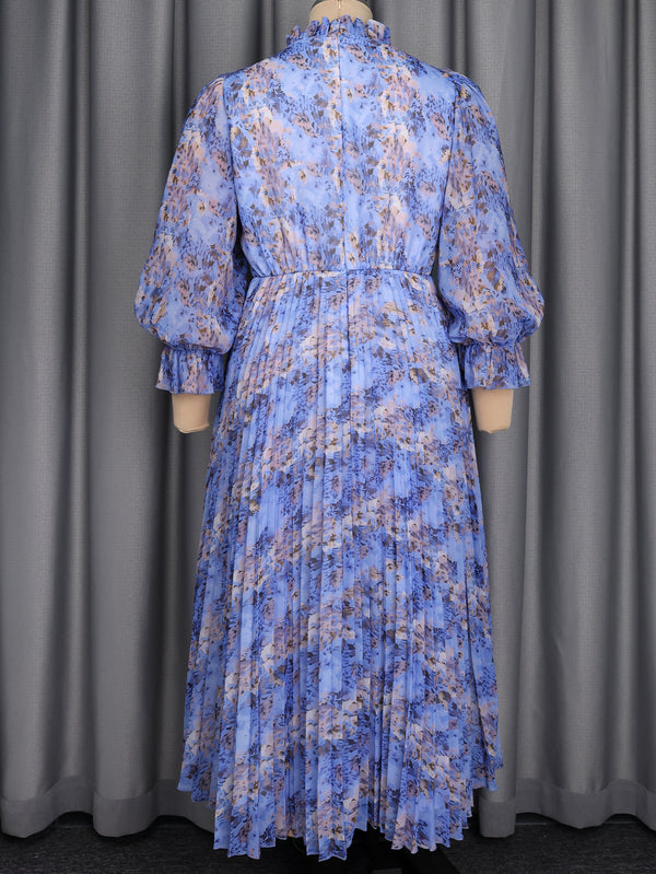 Plus Size Printed Pleated Chiffon Ruffle Edge Stand Collar Long-Sleeve Belted Maxi Dress