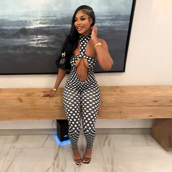 Polka Dot Halter Hollow-Out Backless Jumpsuit for Summer Parties