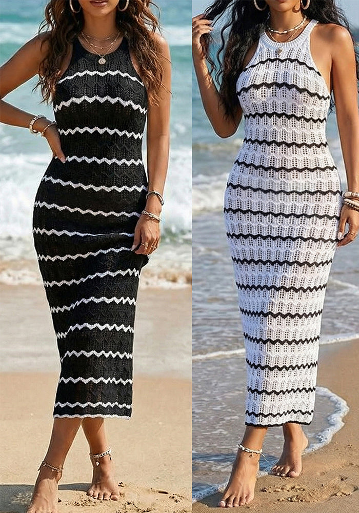 Striped Hollow-Out Sleeveless Bodycon Cover-Up Dress for Beachwear