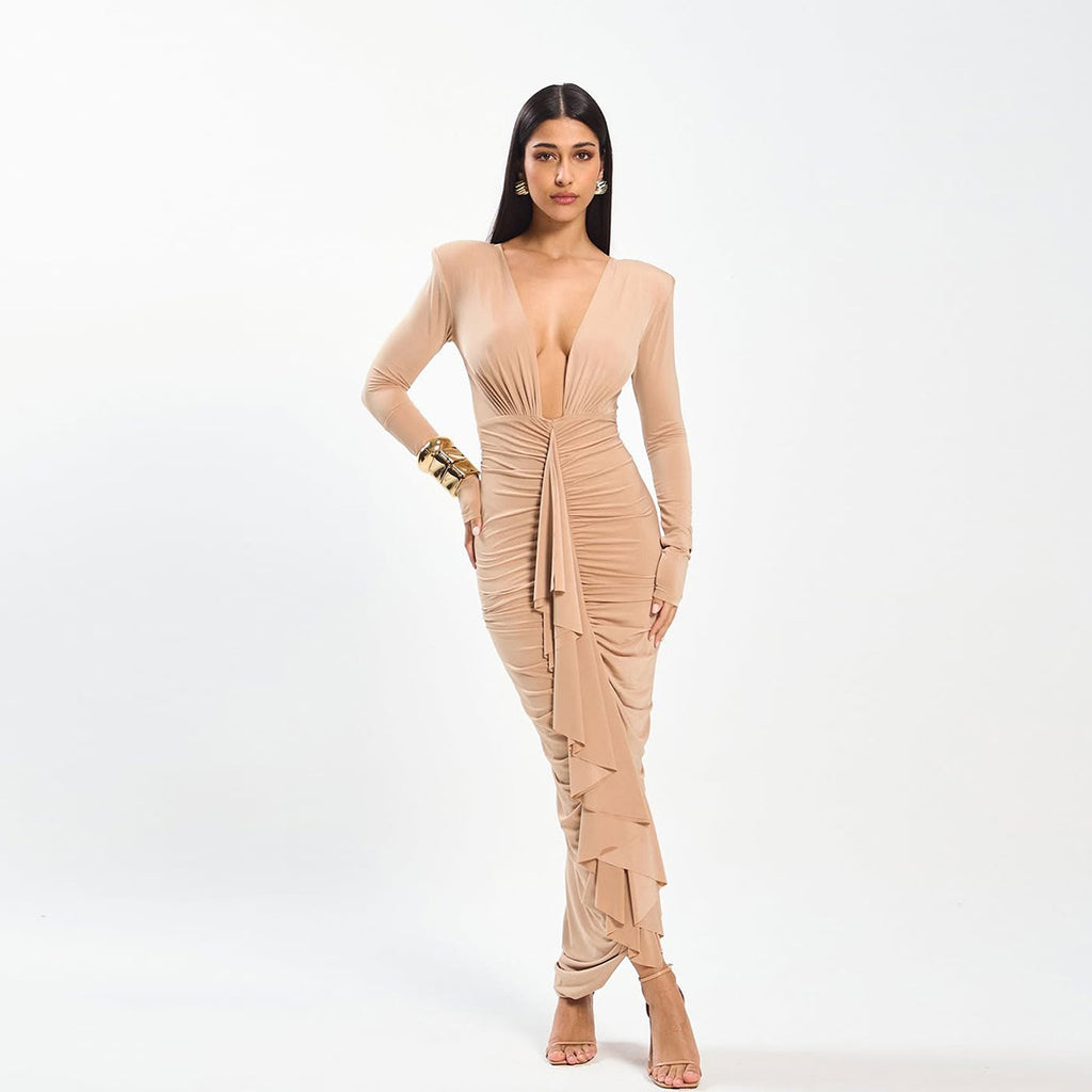 Women Spring Sexy V-Neck Pleated Bodycon Dress