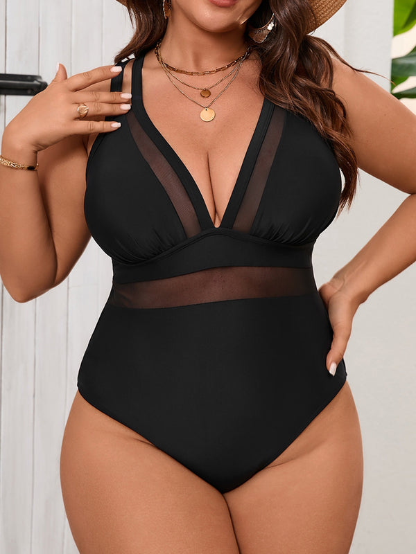 Plus Size Solid Black Mesh Patchwork Cross Back One-Piece Swimsuit