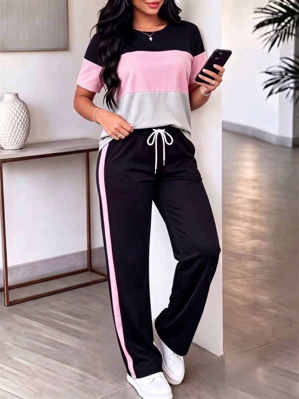 Striped T-Shirt & Drawstring Pants Two-Piece Set for Spring/Summer Casual