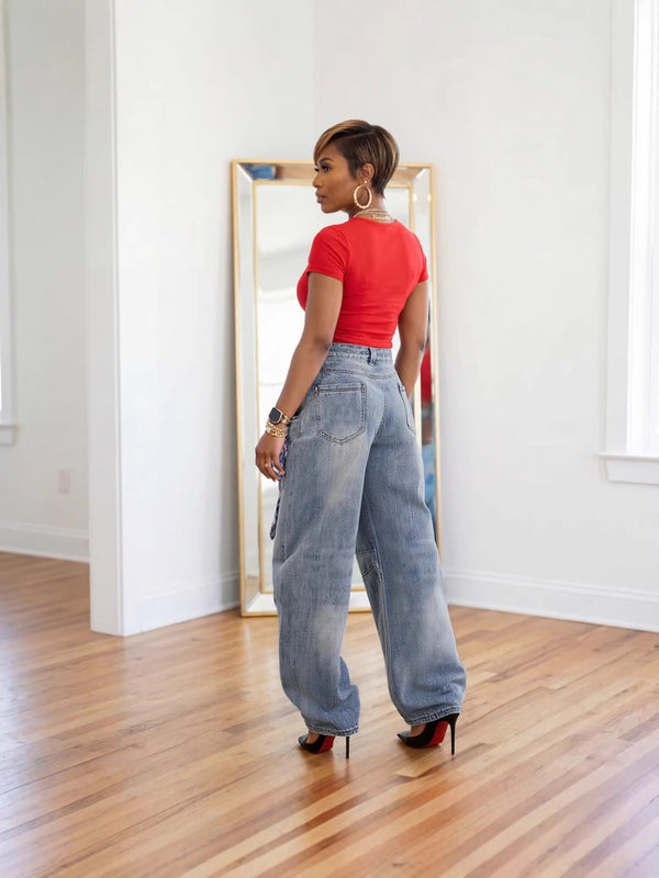 Washed Denim Jeans with Detachable Square Scarf for Streetwear