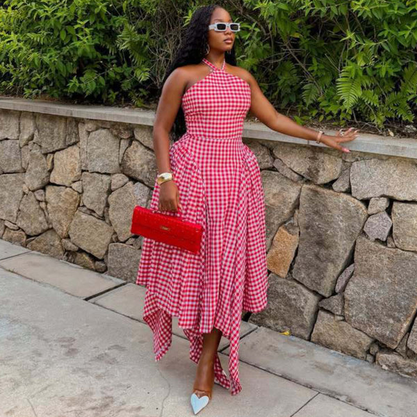 African Plaid Sleeveless Halter High-Waist Asymmetrical Maxi Dress for Summer