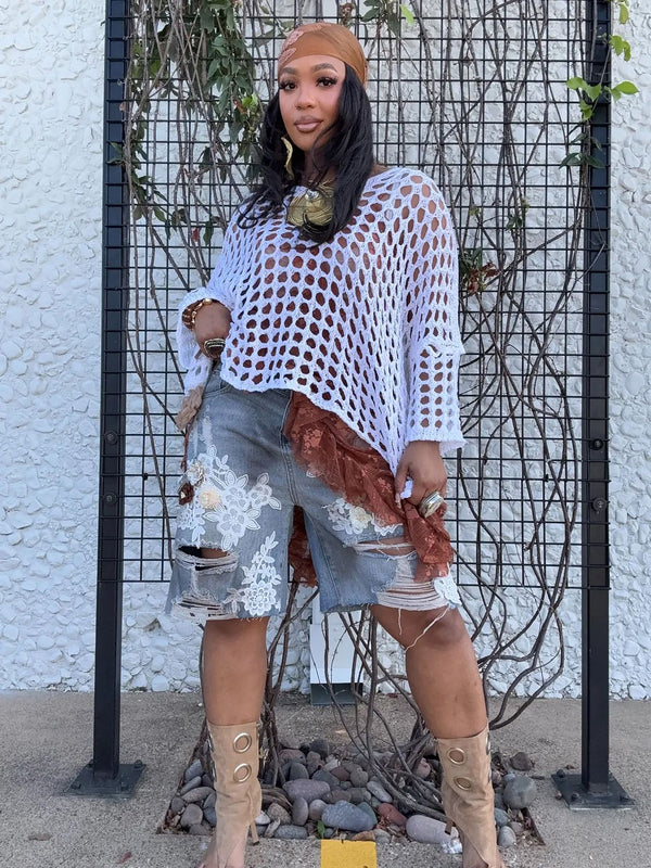 Lace Patchwork Ripped Denim Shorts for Summer Casual