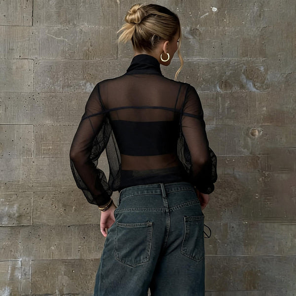 See-Through Patchwork Frog Button Top for Summer Clubwear