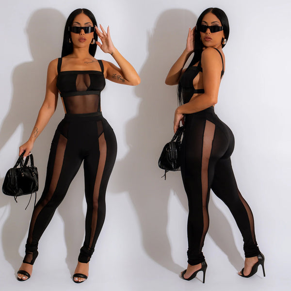 Women'S Fashion Solid Color Mesh Sleeveless Straps Jumpsuit