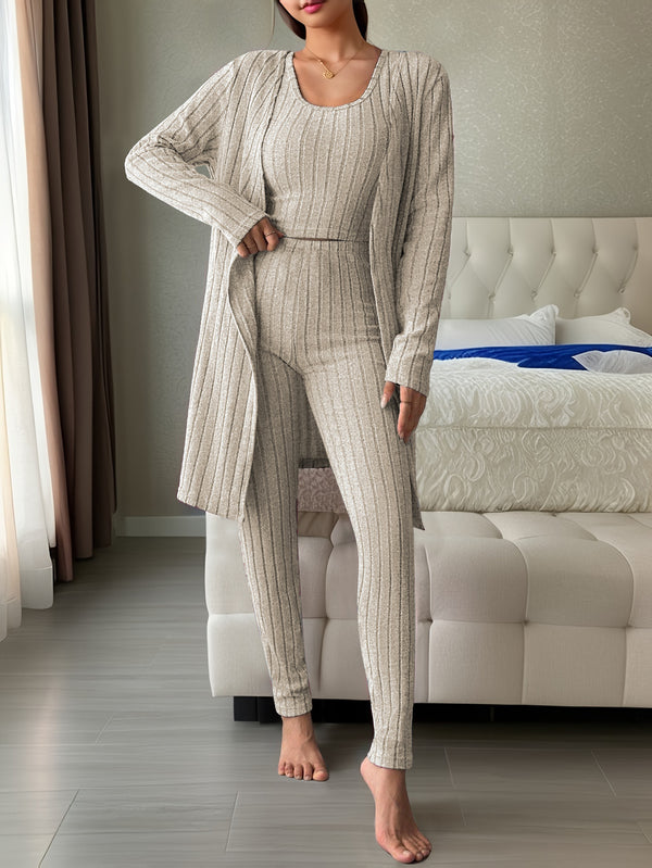 Women's Autumn Winter Casual Ribbed Vest Cardigan and Pants Three-Piece Loungewear Set