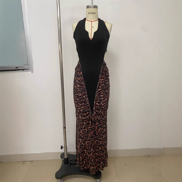 V-Neck Halter Slit Patchwork Leopard Print Hollow-Out Dress