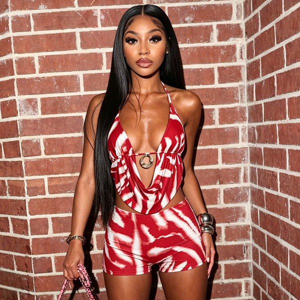 Halter Tie Backless Cowl Neck Top & Shorts Set for Summer
