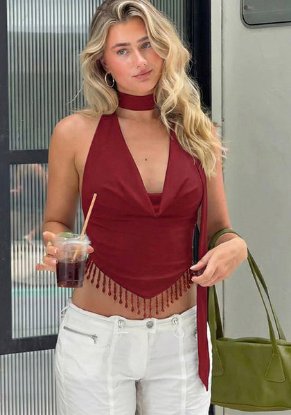 Women Spring Plunging Tie-Back Hollow-Out Tassel Camisole Top