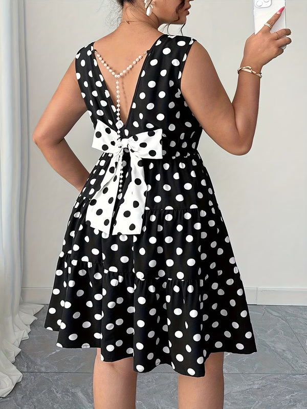 Plus Size Women Summer Polka Dot Retro Slim Waist A-line Dress