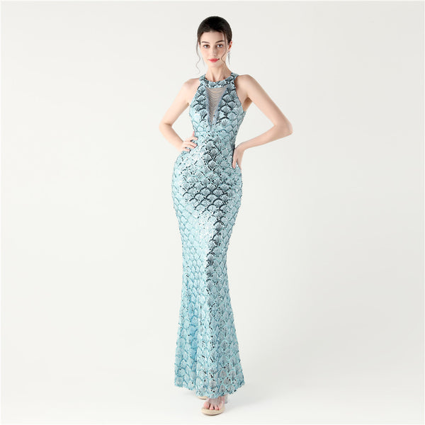 Halter Neck High Neck Hollow Fishtail Sequin Evening Dress Formal Party Gown
