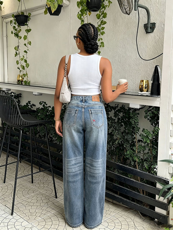 Stitched Patchwork Applique Print Denim Pants for Streetwear