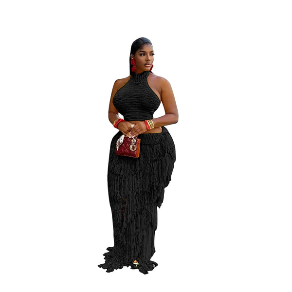 Knitted Tassel Beach Skirt Set for Summer Casual Wear
