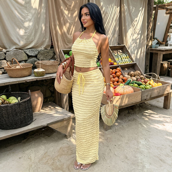 Sleeveless Halter Tank Top & High-Waisted Skirt Set for Summer