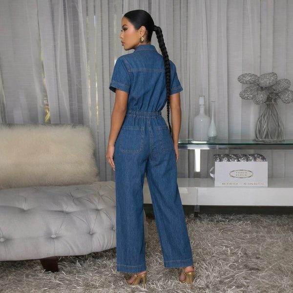 Denim Single-Breasted Slim Waist Long Jumpsuit for Casual Wear