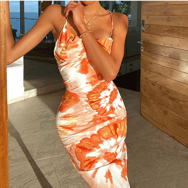 Tie-Dye Lace-Up Backless Strap Maxi Dress for Summer Vacations