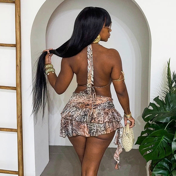 Leopard Print Halter Cowl Neck Low Back Dress for Parties
