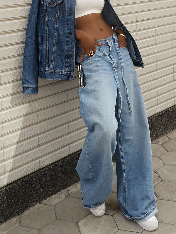 High Waist Lace-Up Straight Denim Jeans for Casual Wear