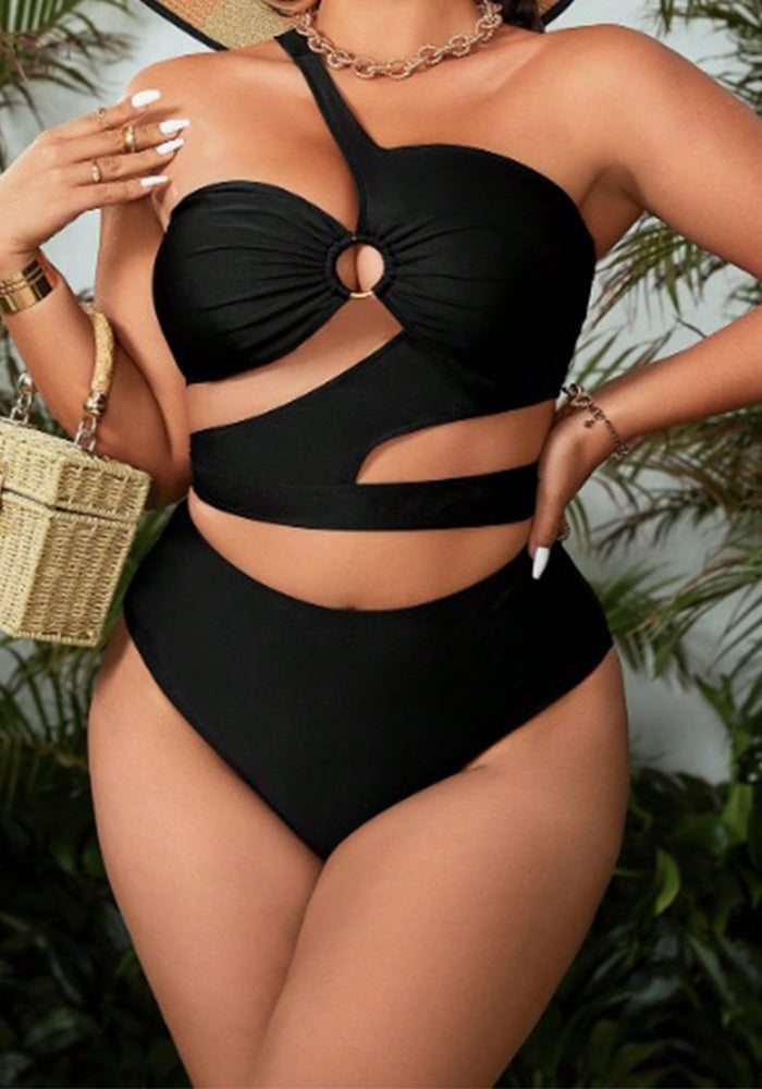Plus Size One-Shoulder Hollow-Out Two-Piece Swimsuit