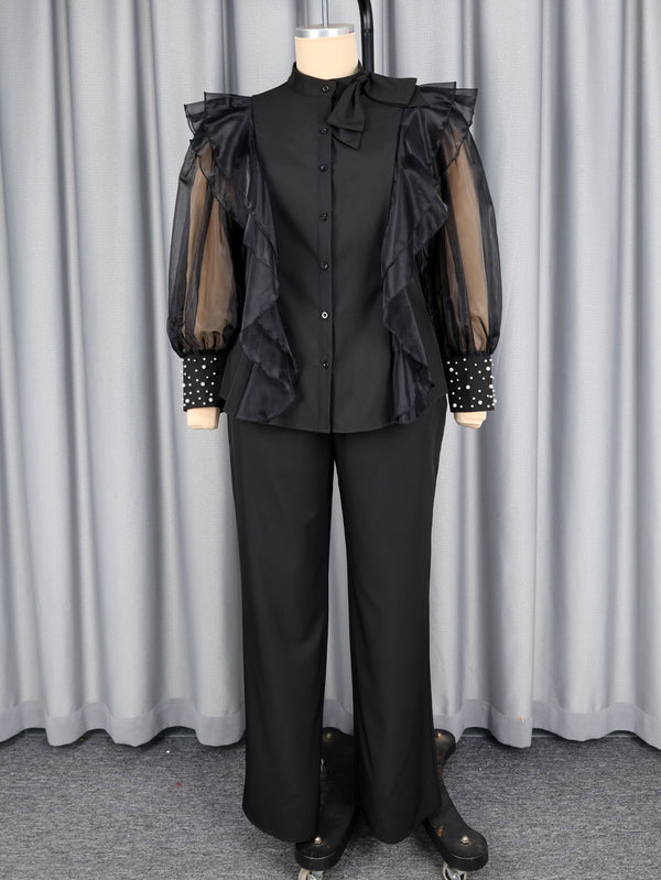 Plus Size See-Through Ruffle Beaded Top & Wide-Leg Pants Set