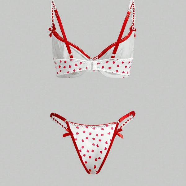Women Sexy Triangle Lace-Up Bikini Heart Print Swimwear Two-Piece Set