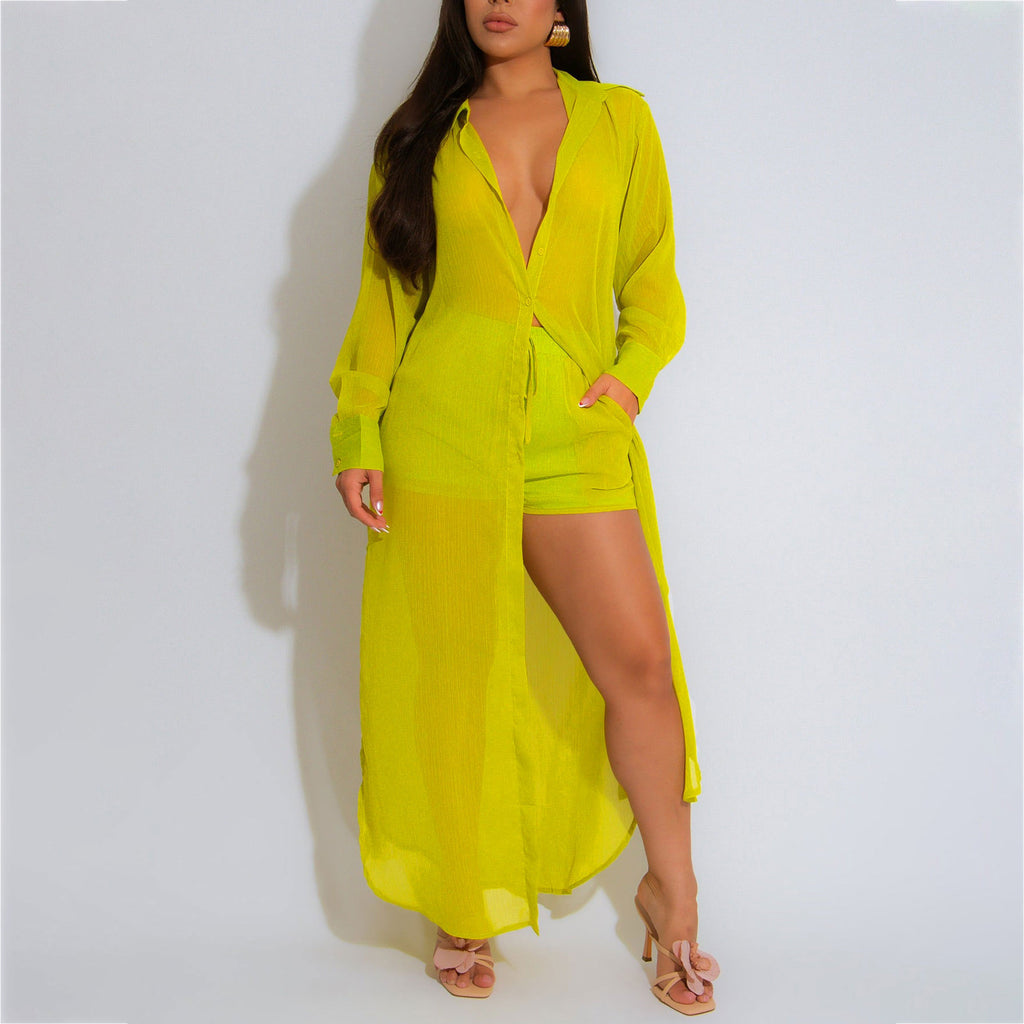 See-Through Button-Down Shirt & Shorts Set