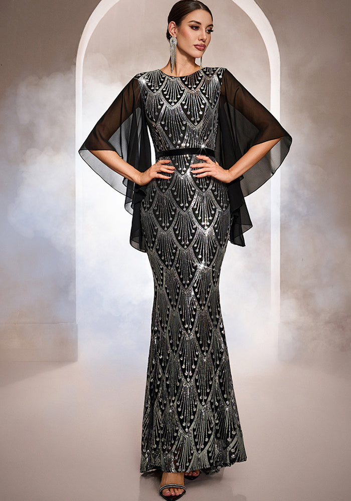 Luxury Long Sleeve Round Neck Sequin Mermaid Evening Dress