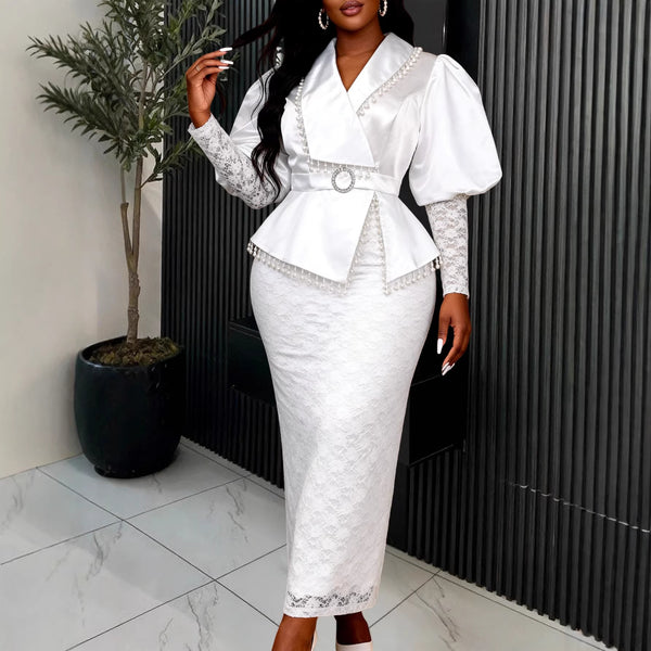 Plus Size White Satin Lace Patchwork Puff Sleeve Beaded Waist Bodycon Dress for Formal Events