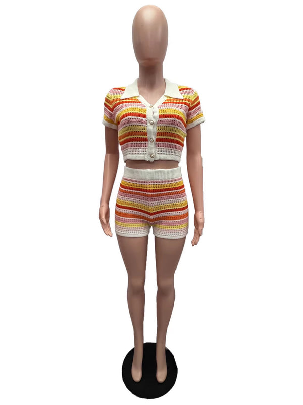 Knitted Colorblock Short Sleeve Top & Shorts Set for Summer