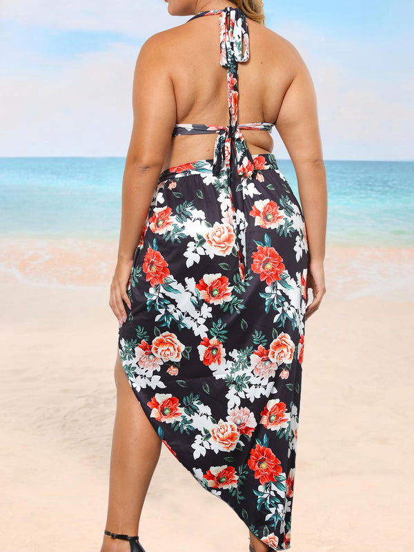 Plus Size Floral Print Irregular Lace-Up Beach Swimsuit