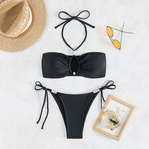 Strapless Halter Beaded Tie Two-Piece Bikini for Summer Beachwear