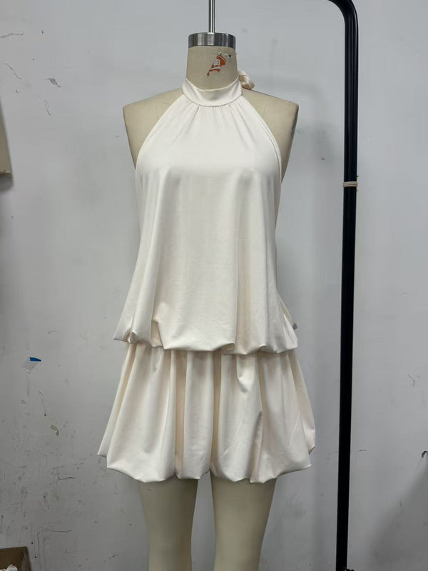 Women Summer Solid Sleeveless Backless Sexy Beach Holidays French Style Dress