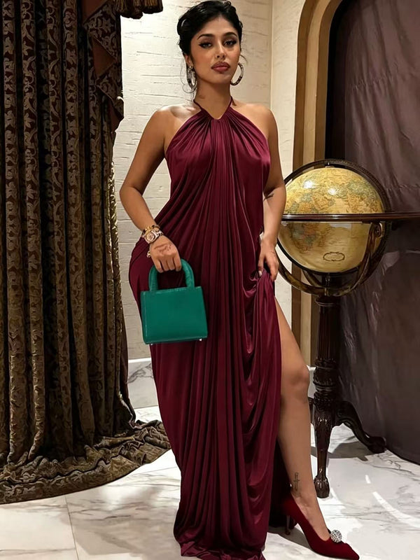 Halter Neck Backless Draped Ruched Maxi Dress for Formal Parties