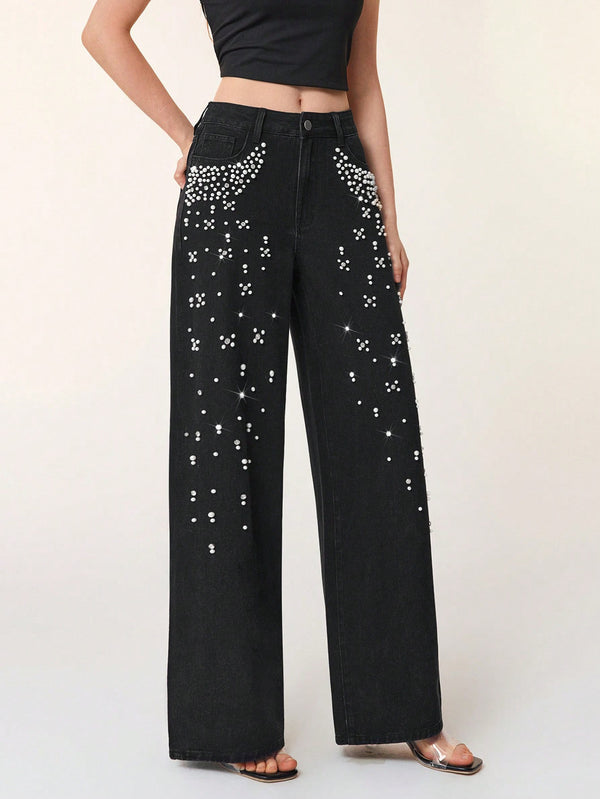 Beaded Denim Straight Leg Jeans for Casual Streetwear